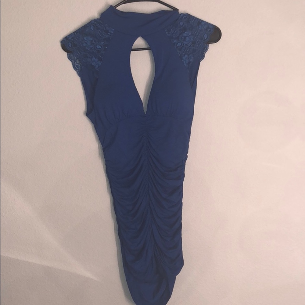Blue turtle neck plunging v dress